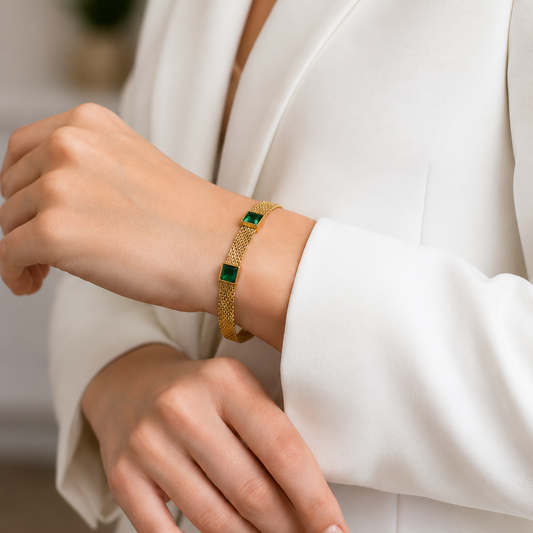 Green Stone 18k Stainless Steel Golden Bracelet