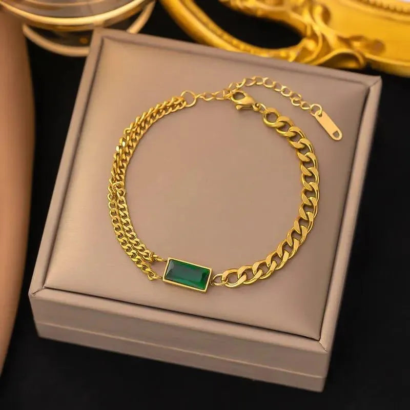Golden Stainless Steel 18k Gold Plated Emerald Bracelet For Women