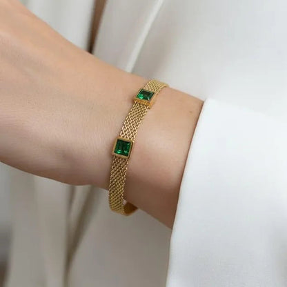 Green Stone 18k Stainless Steel Golden Bracelet