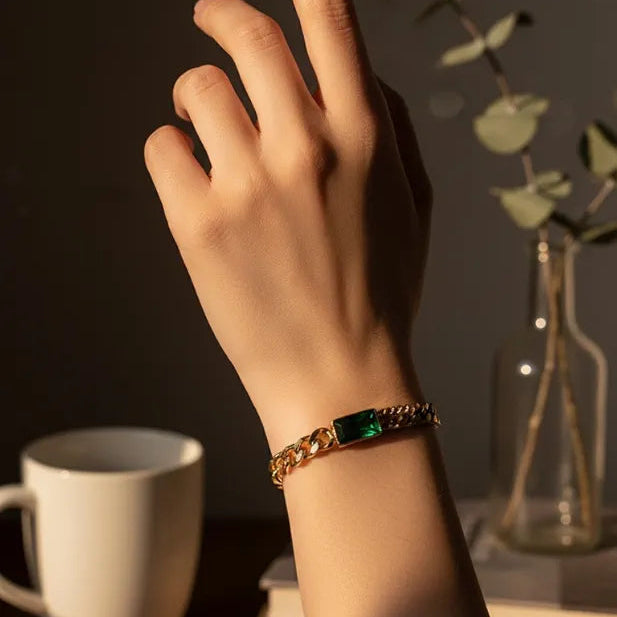 Golden Stainless Steel 18k Gold Plated Emerald Bracelet For Women