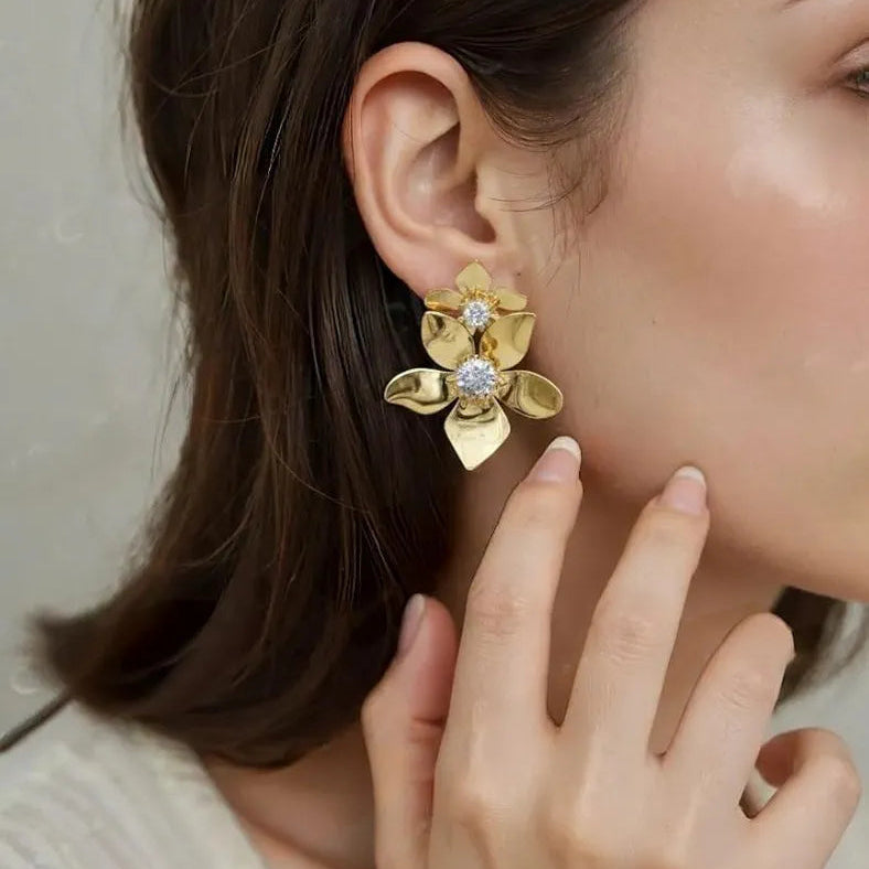 Golden Stainless Steel 18k Gold Plated Flower Ear ring For Women