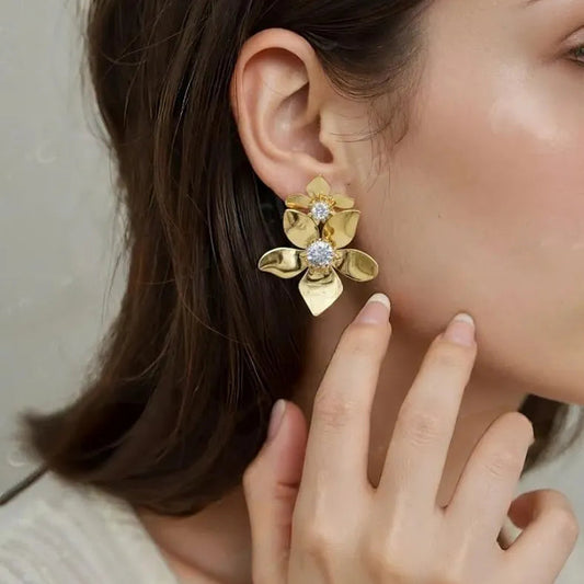 Golden Stainless Steel 18k Gold Plated Flower Ear ring For Women