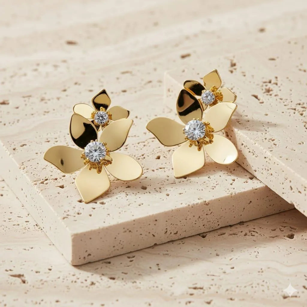 Golden Stainless Steel 18k Gold Plated Flower Ear ring For Women