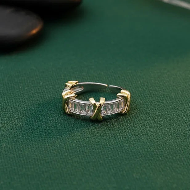 Silver Stainless Steel 18k Gold Plated zircon studded Ring For Women