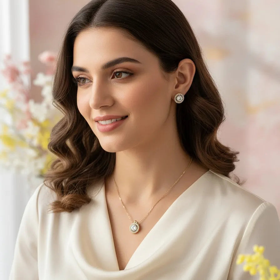 Golden Stainless Steel 18k Gold Plated solitaire Chain Set For Women