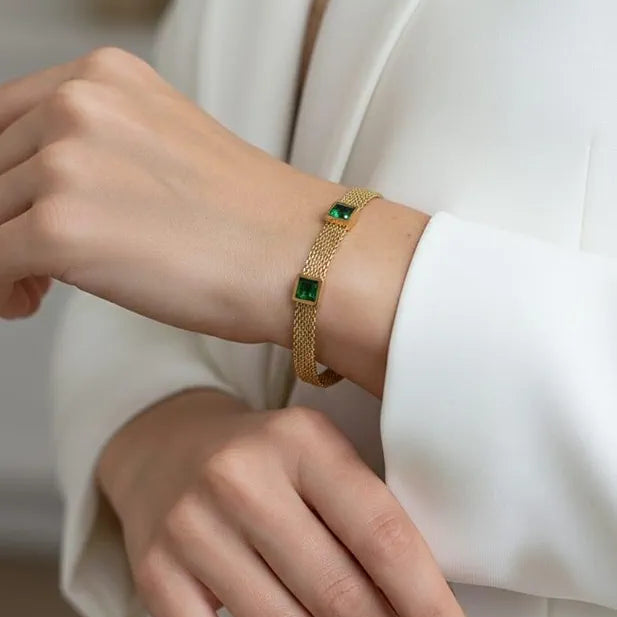 Green Stone 18k Stainless Steel Golden Bracelet