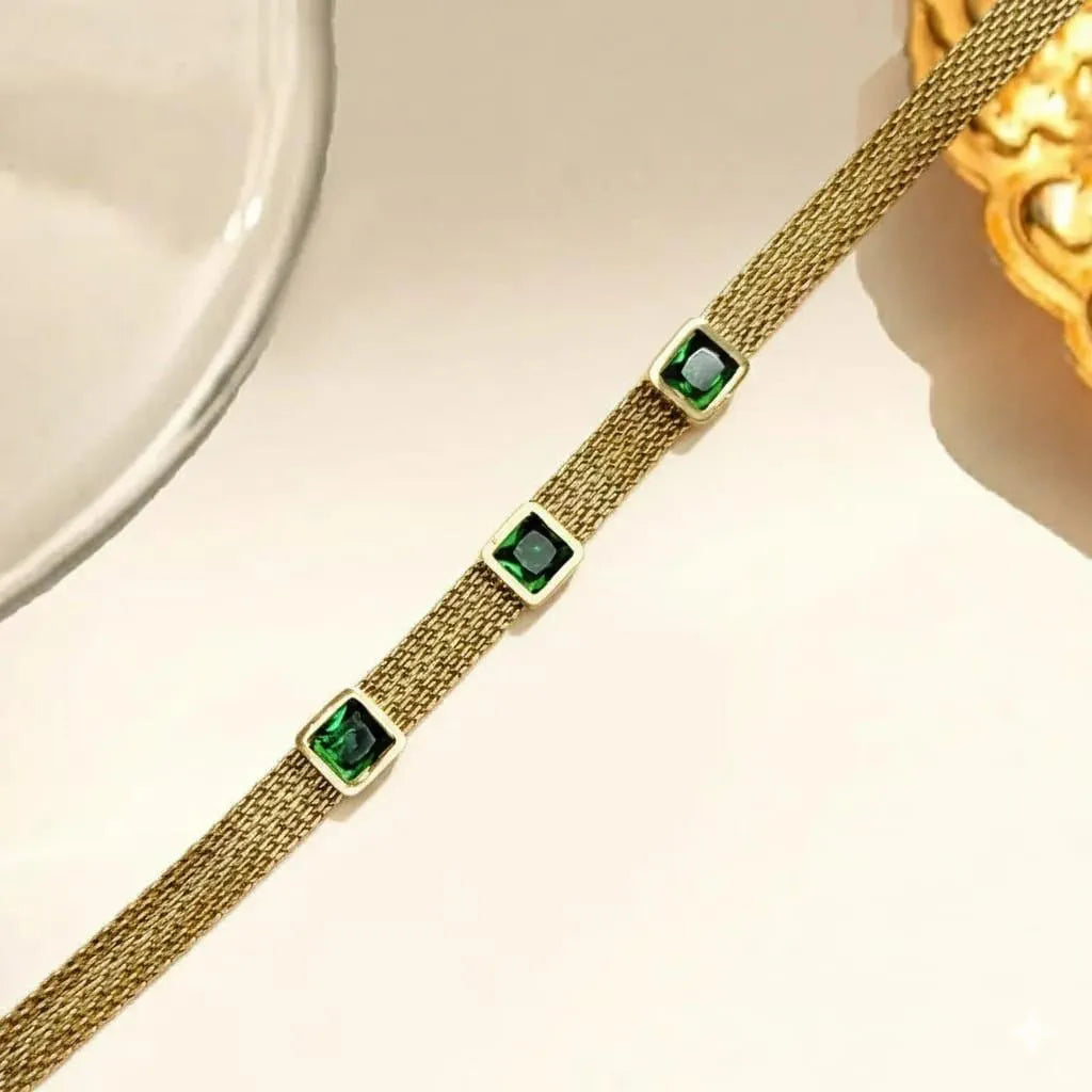 Green Stone 18k Stainless Steel Golden Bracelet