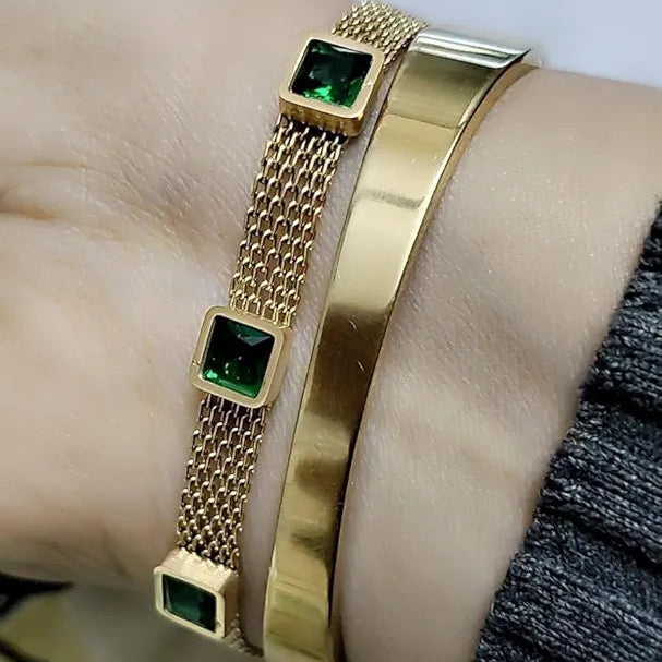 Green Stone 18k Stainless Steel Golden Bracelet